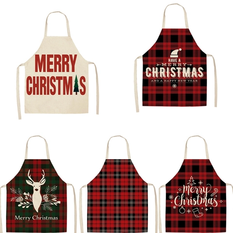 Christmas Apron Cotton Linen Plaid Santa Reindeer Print Kitchen Cooking Protective For Adults Kids Holiday Decoration