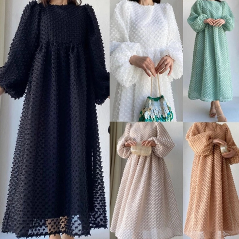 Women Maxi Dress 3D Popcorn Textured Round Neck Puff Long Sleeve Solid Color Elegant Flowy Big Hem For Spring