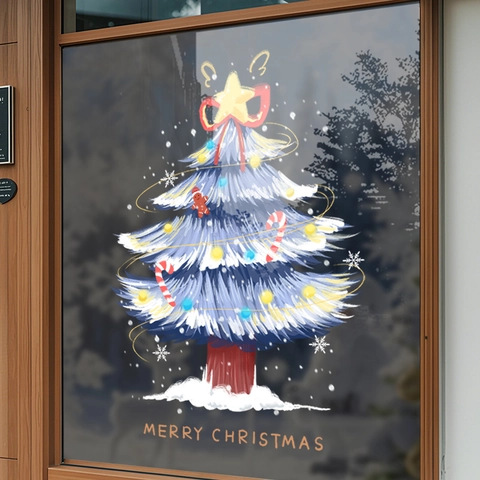 Blue Christmas Tree Window Cling Static PVC Glass Sticker Double Sided Holiday Decor Merry Christmas Festive Decal