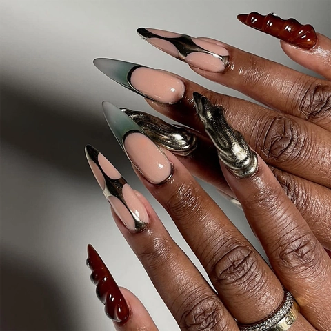 Uñas Postizas Largas Stiletto Press On 3D Metal Fluido Plata Francés Y2K Punk Metálico Perla Artificialdo Para Mujeres