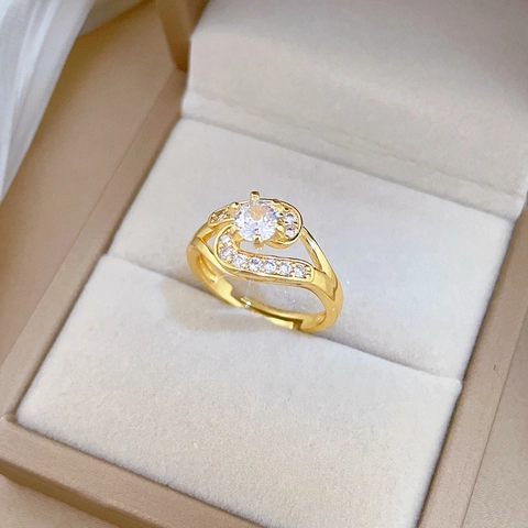 Adjustable Ring Brass Gold Plated Cubic Zirconia Wave Design Luxury Minimalist Hand Jewelry For Women Girl Gift
