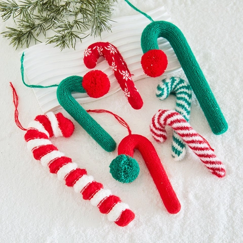 Christmas Candy Cane Hanging Ornaments Knitted Yarn Crochet Striped Snowflake For Xmas Tree Home Party Festive Decoration