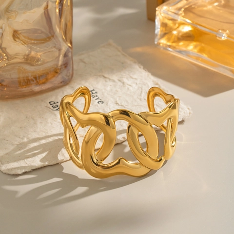 Hollow Geometric Chain Bangle Bracelet 304 Stainless Steel Vacuum Plated Waterproof Hypoallergenic Elegant Queen Jewelry