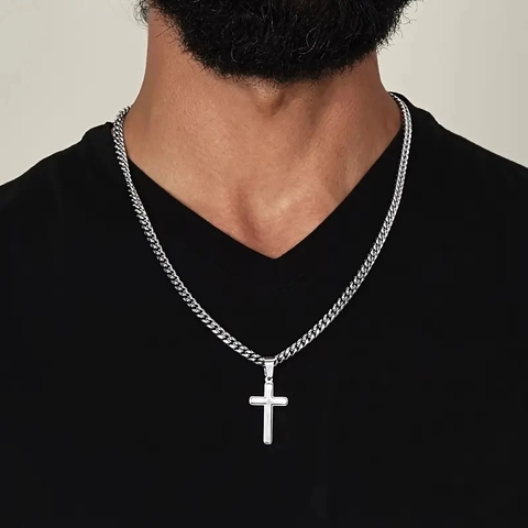 Collier Pendentif Croix Acier Inoxydable Alliage Zinc Chaîne Cubaine Cadeau Petit-fils Avec Carte Boîte Bijoux Hommes