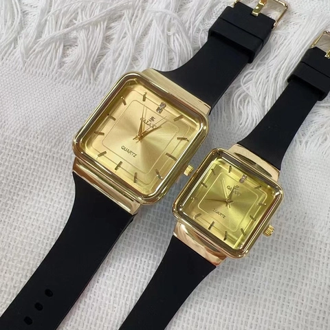 Vierkant Goud Kwartshorloge Koppels Minimalistische Siliconen Band Waterdicht Elegant Horloge Voor Mannen Vrouwen Daten Mode Sieraden