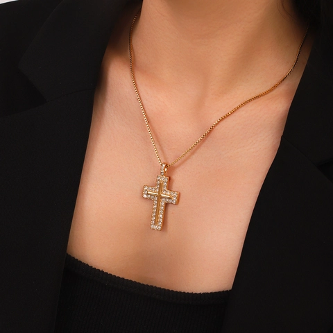 Collana Con Ciondolo A Croce Acciaio Inossidabile Placcato Oro 18K Con Strass Catena Box Gioielli Eleganti Da Donna