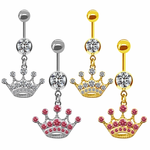 Crown Belly Button Ring 316L Stainless Steel Piercing Jewelry With Pink White Rhinestone For Women Body Jewelry