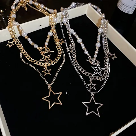 Multi Layer Necklace Featuring Hollow Star Pendants And Imitation Artificial Pearls Alloy Clavicle Chain For Women Fashion Accessory