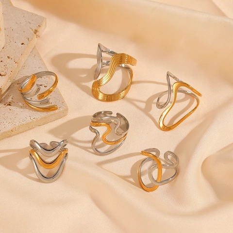 Minimalistische Wellenringe Offen Edelstahl Zweifarbig Gold Silber Verstellbarer Geometrischer Schmuck Damen