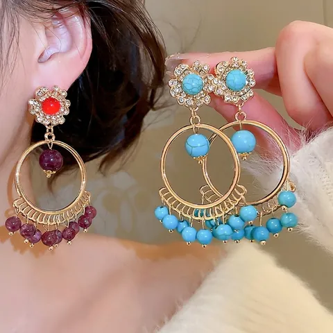 Pendientes De Aro Boho Aleación Pedrería Cuentas De Piedra Con Poste De Plata De Ley 925 Mujer Estilo Étnico Retro