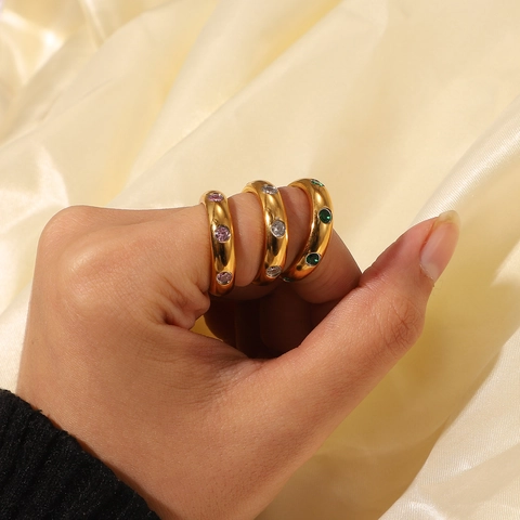 Anillo Vintage de Acero Inoxidable Chapado en Oro 18K Con Zirconia Verde Rosa Blanco Para Mujer Joyería Elegante