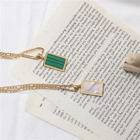 Edelstahl Rechteck Anhänger Halskette Für Damen Gold Galvanisierte Muschel Malachit Einlage Geometrischer Minimalistischer Schmuck