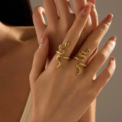 Roestvrij Staal 18K Vergulde Slang Open Ring Voor Dames Luxe Ingelegde Strass Dier Verstelbare Wikkel Vingerring Sieraden Cadeau