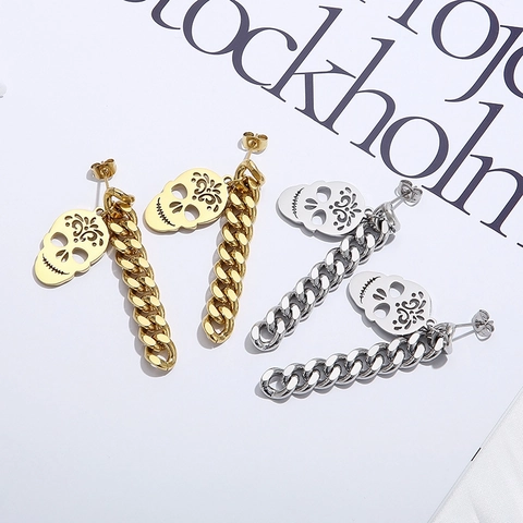 Pendientes De Calavera Gótica Punk De Acero Inoxidable Colgante De Calavera Hueca Cadena De Eslabones Joyería Mujer