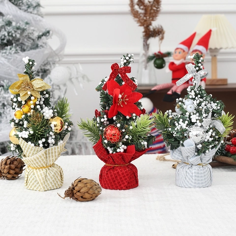 Mini Kunstmatige Kerstboom Desktop Decoratie Plastic Stof Met Ballen Strikken Dennenappels Voor Thuis Feestdagen
