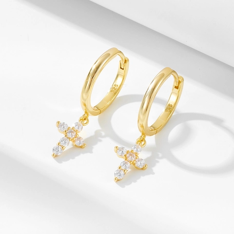 Cross Pendant Hoop Earrings With 925 Sterling Silver Earring Post Cubic Zirconia Pave Geometric Dainty Jewelry For Women
