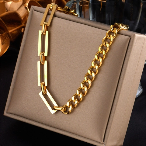 Mode Asymmetrische Splicing Ketting Halsketting Titanium Staal Verguld Cuban Link Paperclip Link Punk Hip Hop Sieraden Voor Dames