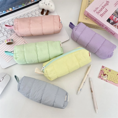 Quilted Puffer Pencil Case Macaron Color Large Capacity Stationery Bag Portable Zipper Pouch For Students School Office