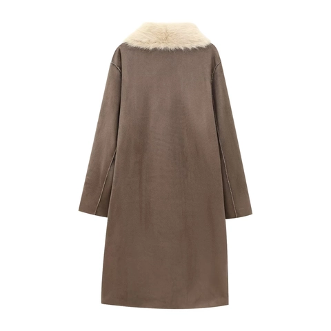 Cappotto Lungo In Camoscio E Pelliccia Sintetica Da Donna Reversibile Giacca Calda Elegante Con Risvolto
