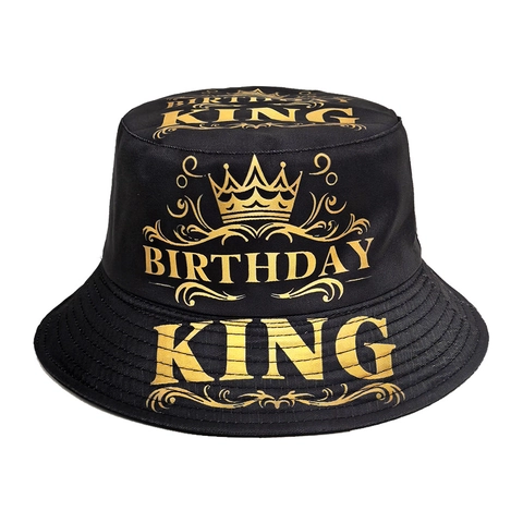 Cappello Alla Pescatora Birthday King Double Face Stampa Corona Oro Protezione Solare Traspirante Poliestere Per Festa Nero