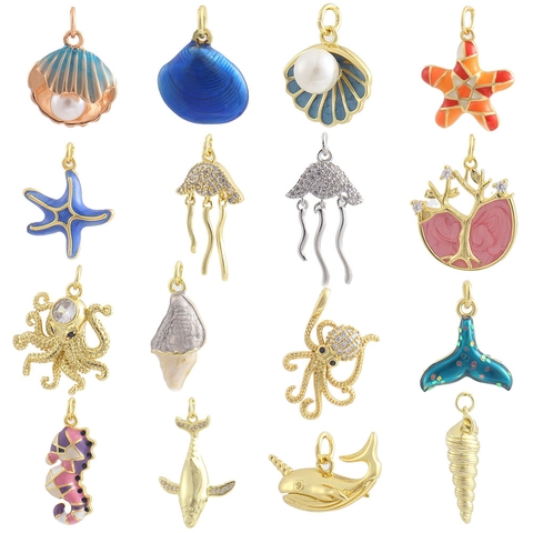 Ciondoli Animali Vita Marina Charms Tema Oceano Rame Placcato Oro Smalto Zirconia Per Creazione Di Gioielli DIY Artigianale