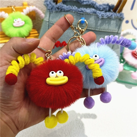 Cute Plush Monster Keychain Funny Sausage Mouth Big Eyes Fuzzy Bag Pendant Colorful Novelty Toy Accessory