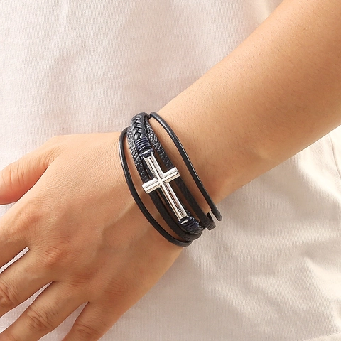 Men Multi-Layer Braided Leather Bracelet Alloy Cross Pendant Magnetic Clasp Punk Retro Religious Jewelry