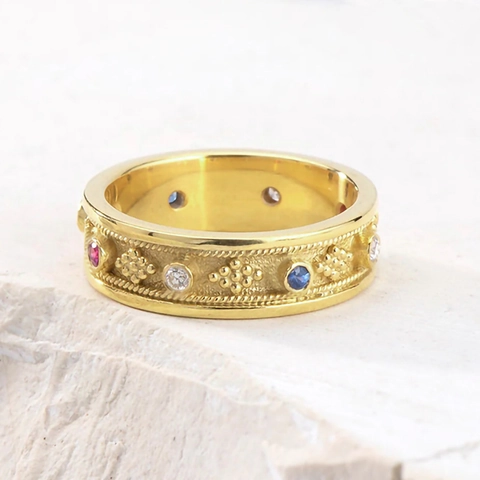 Vintage Byzantine Style Gold Plated Copper Band Ring Multi Color Cubic Zirconia Geometric Luxury Jewelry For Women