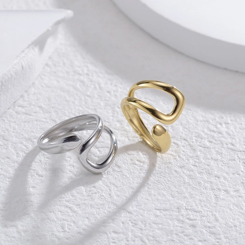 Anello Aperto Regolabile Minimalista Acciaio Inossidabile Placcato Oro 14K Onda Organica Irregolare Geometrica Donna