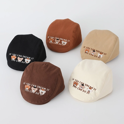 Kids Beret Hat Cotton Twill Little Bear Embroidery Adjustable Flat Cap Toddler Ivy Hat Inspirational Quote Breathable