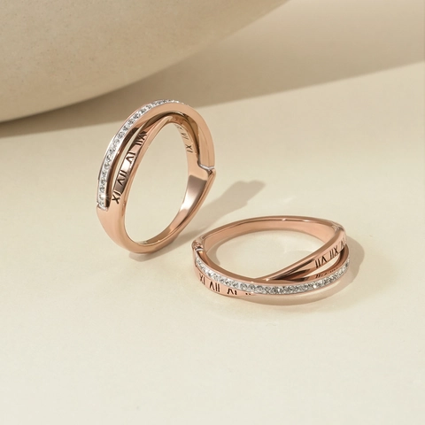 Roman Numeral Stainless Steel Double Cross Ring For Women Rose Gold Pave Rhinestone Fashion Personalized Jewelry Finger Ring