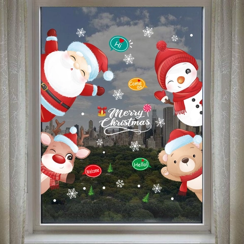 Kerst Muurstickers Verwijderbare PVC Vensterstickers Kerstman Sneeuwpop Rendier Cartoon Voor Huis Winkel Vakantie Decoratie