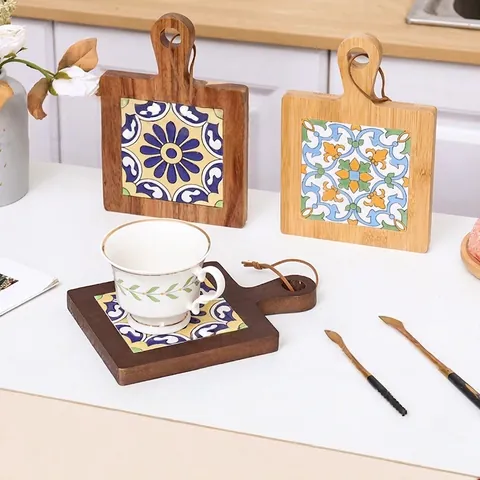 Sottobicchieri In Legno E Ceramica Vintage Tappetino Per Pentole Resistente Al Calore Con Manico Stile Bohémien