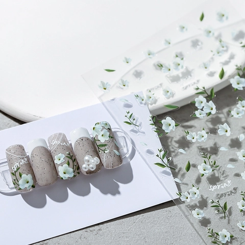 Nail Art Stickers Ultra Thin Self Adhesive White Flower Green Leaf Spring Embossed Relief Decals For Women DIY Decoration