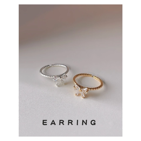 Anello Aperto a Fiocco in Rame e Zirconia Stile Francese Regolabile Placcato Oro 14K Elegante Anello da Dito Gioielli di Moda Donna