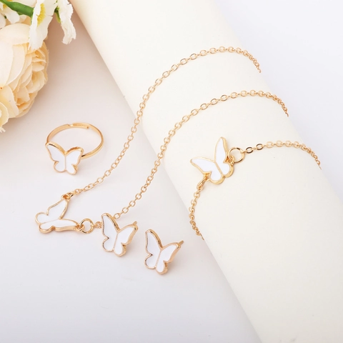 Legering Emaille Vlinder Ketting Armband Verstelbare Ring Oorknopjes Elegante Mode Sieraden Cadeau Vrouwen