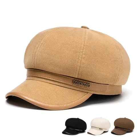 Vintage Newsboy Cap Octagonal Hat Cotton Polyester Blend PU Leather Trim Adjustable Retro British Style For Women