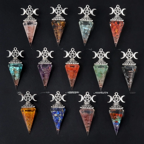 Zeshoekige Kegel Kristallen Pendel Ketting Drievoudige Maan Pentagram Hars Steenslag Koperen Spoel Divinatie Sieraden