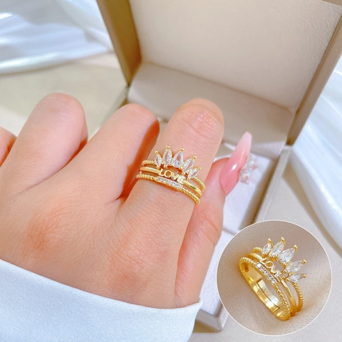 Vergoldeter Messing Kronenring Mit Zirkonia Und Love Schriftzug Verstellbar Mode Schmuck Für Damen