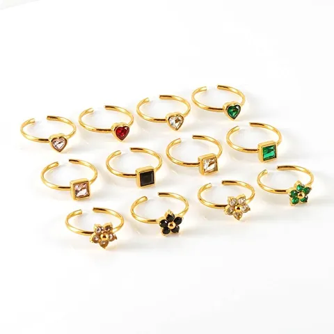Adjustable Open Ring Stainless Steel 18K Gold Plated Zircon Heart Flower Square Design Fashion Jewelry For Women
