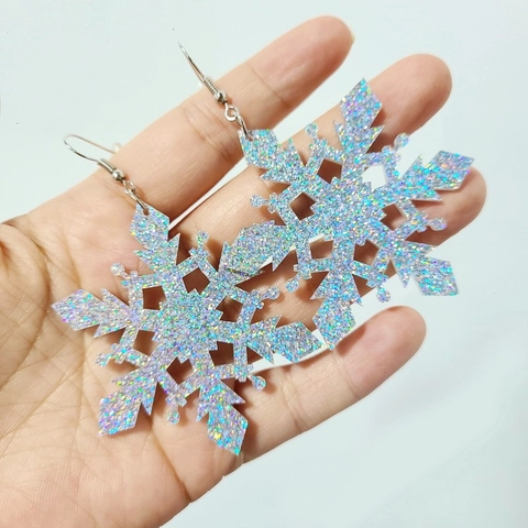 Large Snowflake Dangle Earrings Mirror Acrylic Glitter Silver Festive Christmas Holiday Party Jewelry For Women Accessory