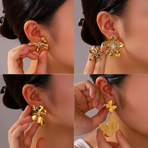 Orecchini In Acciaio Inossidabile Placcato Oro 18K Per Donna Fiore Strutturato Fiocco Farfalla Con Perla Artificial Strass Stile Esagerato