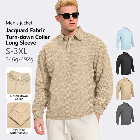 Men's Long Sleeve Polo Shirt Jacquard Textured Geometric Pattern Button Lapel Collar Casual Loose Fit Urban Solid Color