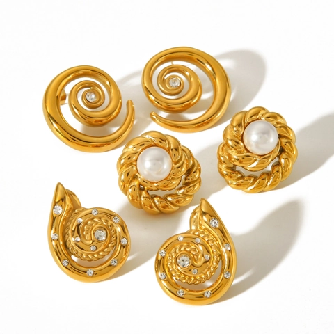 Orecchini Vintage In Acciaio Inossidabile Placcato Oro 18K Con Design A Spirale Di Lumaca E Perla Artificial Gioielli Geometrici