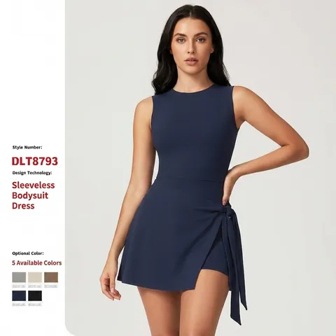 Women Sports Tennis Dress Nylon Spandex Sleeveless Wrap Tie Side Round Neck U Back Built In Shorts Slim Fit Activewear