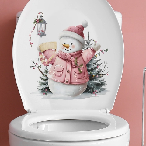 Adesivo Per WC Di Natale Simpatico Pupazzo Di Neve Rosa PVC Impermeabile Decorazione Bagno Casa Festivo Rimovibile