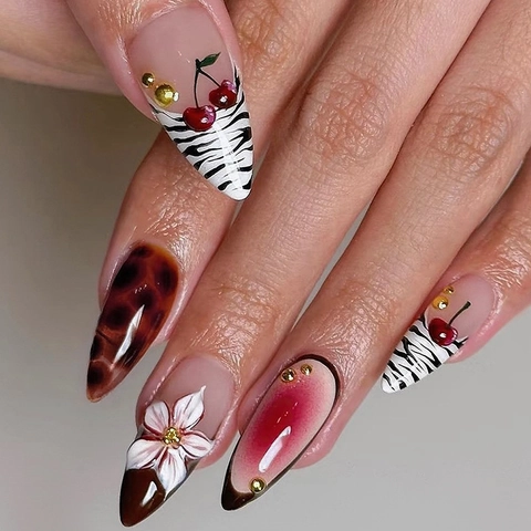 Press On Nails Almond Shape With 3D Flower Zebra Print Leopard Pattern Gradient French Style False Nails For Women