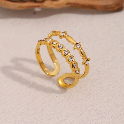 Double Layer Open Ring Stainless Steel 18K Gold Plated Geometric Zircon Adjustable Jewelry For Women