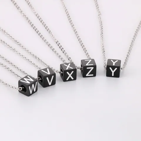 Collier Initiale Alphabet En Acier Inoxydable Pendentif Cube Noir Lettre Blanche Minimaliste Bijoux Unisexe Tendance