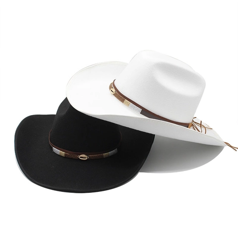 Western Cowboy Hat Wide Brim Felt Fedora With Shell Metal Decor Woven Belt Ethnic Retro Style For Men Women